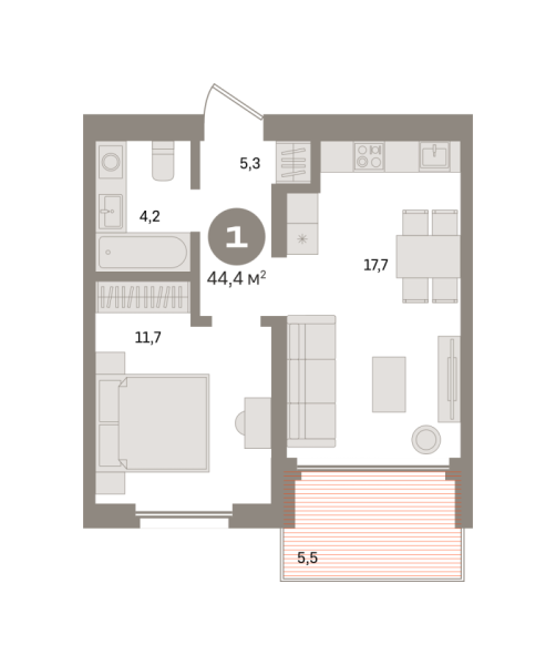 Новая 1-к квартира
 44.4 м² на 19/24 этаже в ЖК «Южные кварталы» в городе Тюмень 