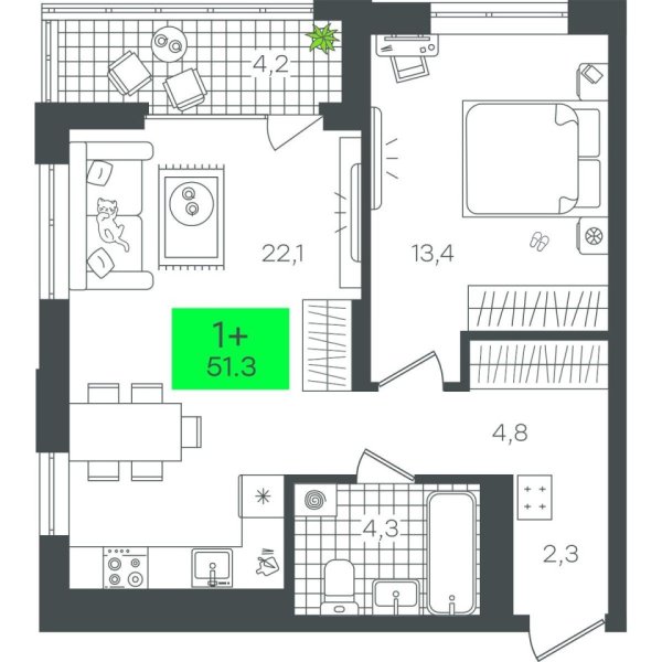 Новая 1-к квартира
 51.38 м² на 14/21 этаже в ЖК «Гранд Квартал» в городе Тюмень 