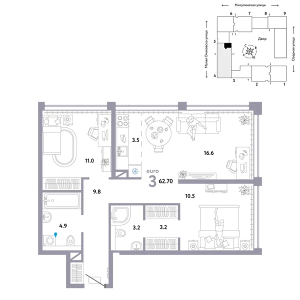 Новая 3-к квартира
 62.7 м² на 18/30 этаже в ЖК «Страна.Озёрная» в городе Тюмень 