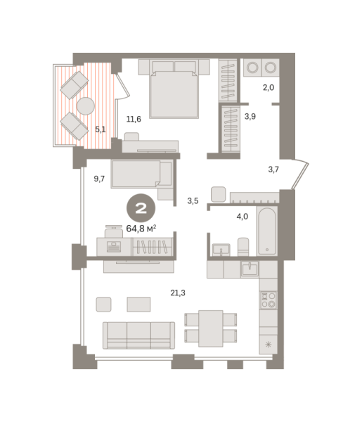 Новая 2-к квартира
 64.8 м² на 5/8 этаже в ЖК «Дом «А»» в городе Тюмень 