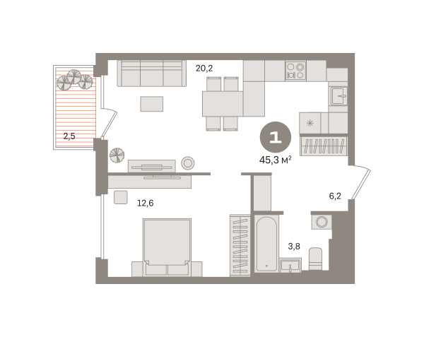 Новая 1-к квартира
 45.26 м² на 5/16 этаже в ЖК «Квартал Герцена» в городе Тюмень 