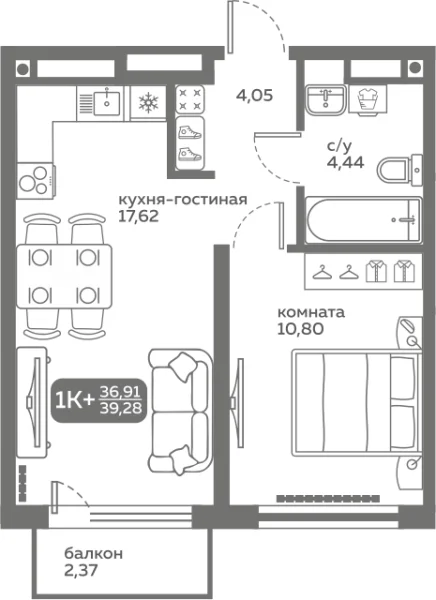 Новая 1-к квартира
 36.91 м² на 9/20 этаже в ЖК «Меридиан Слобода» в городе Тюмень 