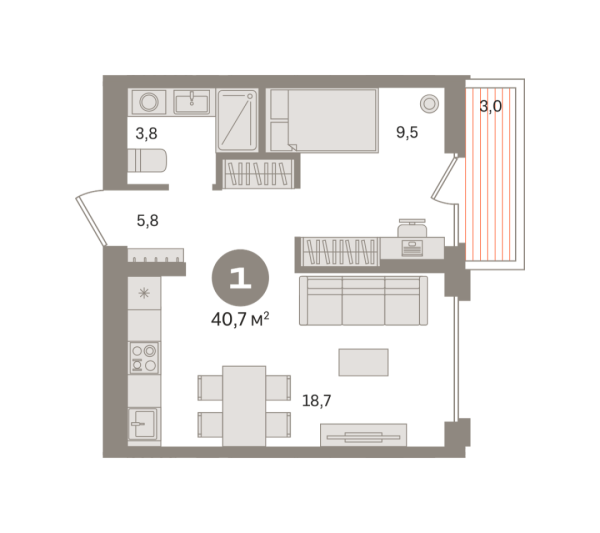 Новая 1-к квартира
 40.74 м² на 4/9 этаже в ЖК «Первый квартал» в городе Тюмень 