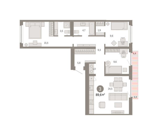 Новая 3-к квартира
 89.61 м² на 9/9 этаже в ЖК «Брусника в Академическом» в городе Тюмень 