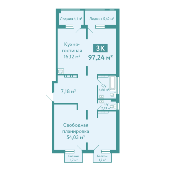 Новая квартира-студия
 97.24 м² на 10/10 этаже в ЖК «Акватория» в городе Тюмень 