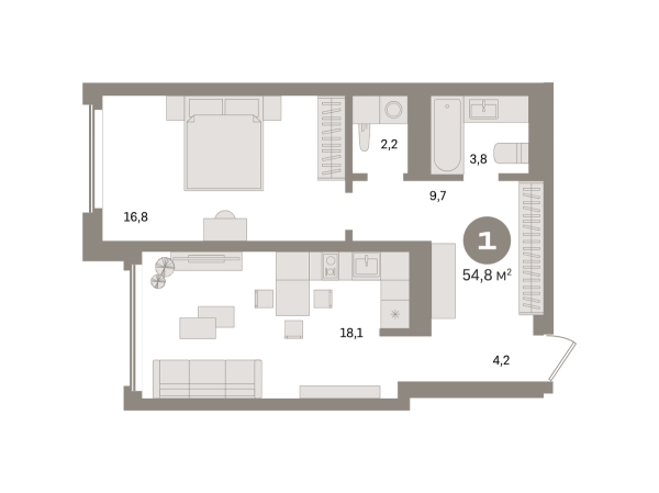 Новая 1-к квартира
 54.8 м² на 22/24 этаже в ЖК «Южные кварталы» в городе Тюмень 