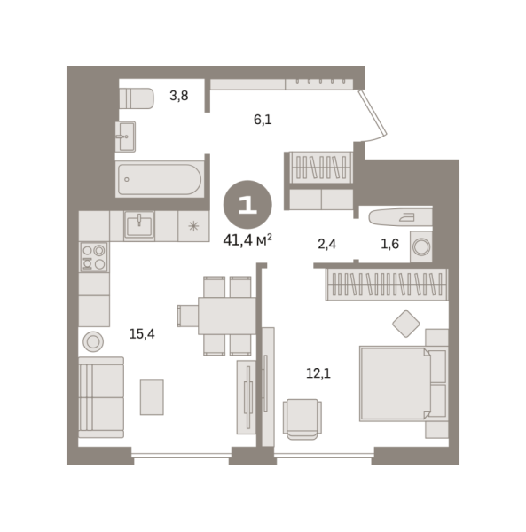 Новая 1-к квартира
 41.39 м² на 21/30 этаже в ЖК «Квартал Герцена» в городе Тюмень 