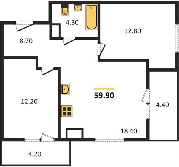 Новая 2-к квартира
 59.9 м² на 23/24 этаже в ЖК «Мята» в городе Тюмень 