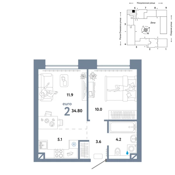 Новая 2-к квартира
 34.8 м² на 9/30 этаже в ЖК «Страна.Озёрная» в городе Тюмень 