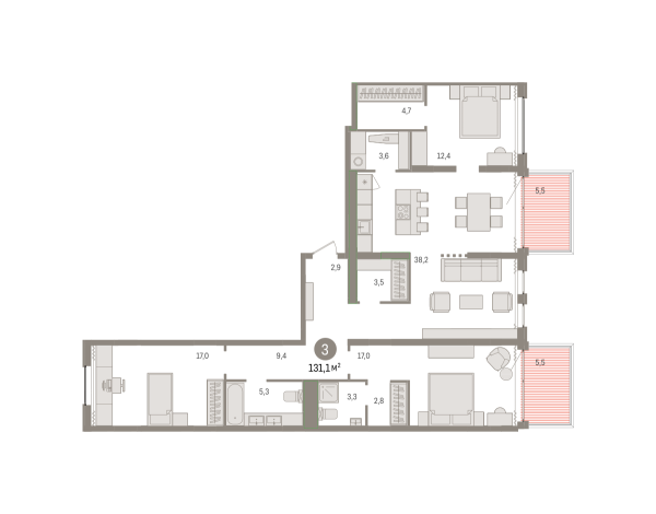 Новая 3-к квартира
 131.14 м² на 4/8 этаже в ЖК «Новин» в городе Тюмень 