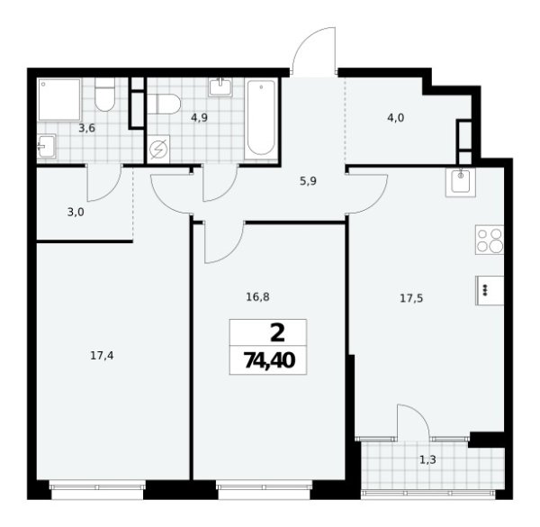Новая 2-к квартира
 74.4 м² на 11/16 этаже в ЖК «Дом на Зорге» в городе Тюмень 