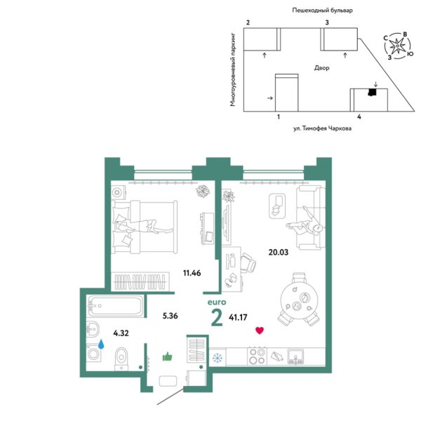 Новая 2-к квартира
 41.17 м² на 24/31 этаже в ЖК «Звёздный» в городе Тюмень 
