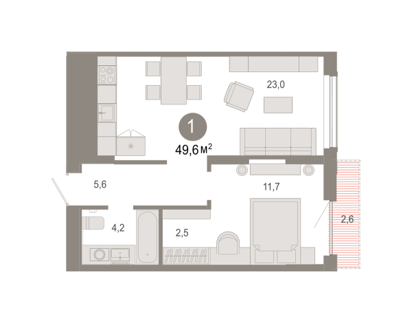 Новая 1-к квартира
 49.58 м² на 9/17 этаже в ЖК «Октябрьский на Туре» в городе Тюмень 