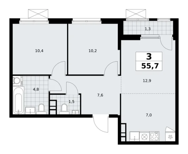Новая 3-к квартира
 55.7 м² на 18/30 этаже в ЖК «Южные сады» в городе Тюмень 