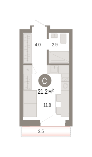 Новая квартира-студия
 21.21 м² на 2/7 этаже в ЖК «Октябрьский на Туре» в городе Тюмень 
