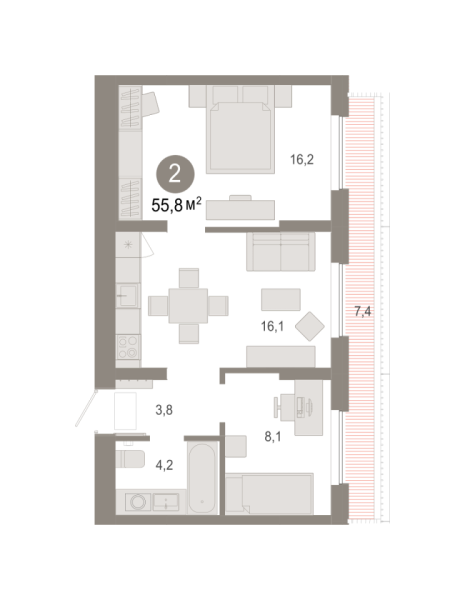 Новая 2-к квартира
 55.83 м² на 7/7 этаже в ЖК «Октябрьский на Туре» в городе Тюмень 