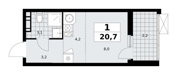 Новая 1-к квартира
 20.7 м² на 12/18 этаже в ЖК «Скандинавия» в городе Тюмень 