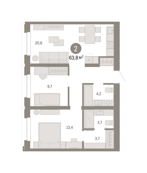 Новая 2-к квартира
 63.77 м² на 2/7 этаже в ЖК «Кварталы «На Минской»» в городе Тюмень 