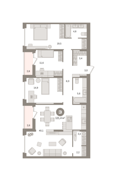 Новая 3-к квартира
 121.38 м² на 3/17 этаже в ЖК «Первый квартал» в городе Тюмень 