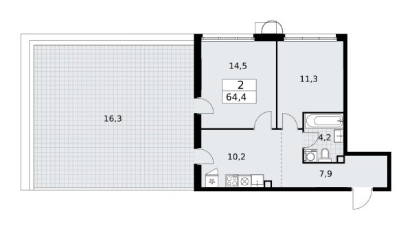 Новая 2-к квартира
 64.4 м² на 2/10 этаже в ЖК «Родные кварталы» в городе Тюмень 