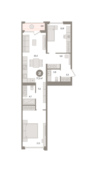Новая 2-к квартира
 77.1 м² на 9/21 этаже в ЖК «Дом «А»» в городе Тюмень 
