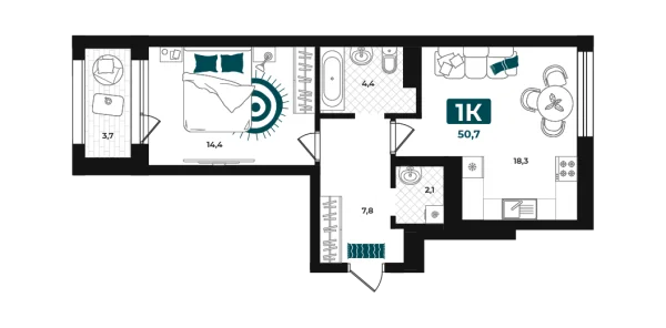 Новая 1-к квартира
 50.7 м² на 2/23 этаже в ЖК «Добро» в городе Тюмень 