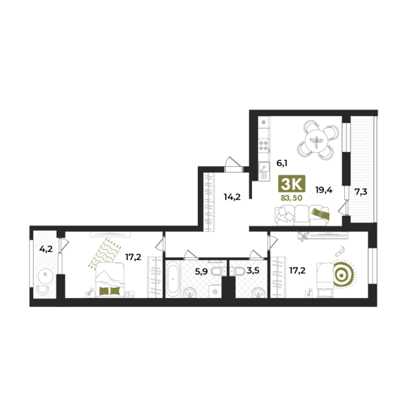 Новая 3-к квартира
 83.5 м² на 4/15 этаже в ЖК «Опера» в городе Тюмень 