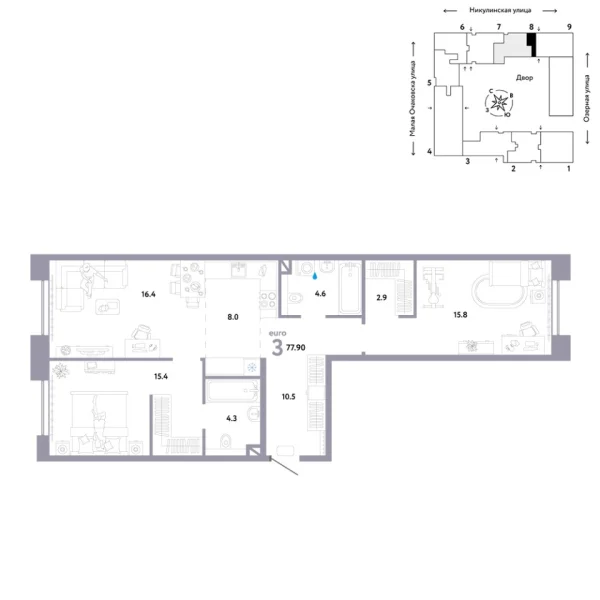 Новая 3-к квартира
 77.9 м² на 2/30 этаже в ЖК «Страна.Озёрная» в городе Тюмень 