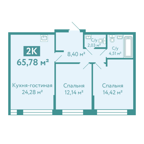 Новая 2-к квартира
 65.78 м² на 2/7 этаже в ЖК «Акватория» в городе Тюмень 