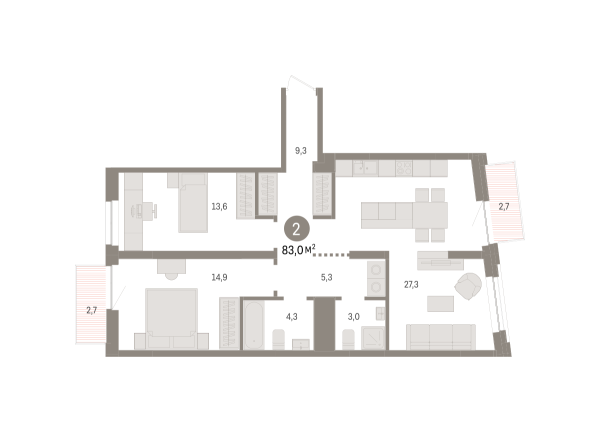 Новая 2-к квартира
 83.1 м² на 5/8 этаже в ЖК «Речной порт» в городе Тюмень 
