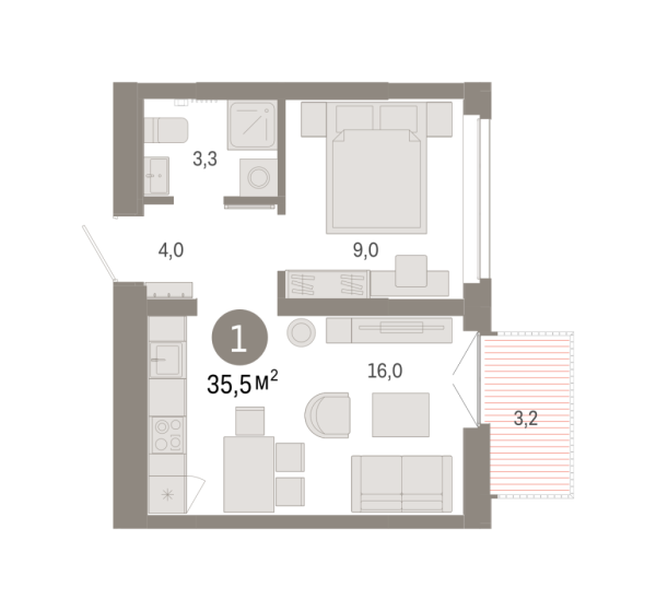 Новая 1-к квартира
 35.47 м² на 6/9 этаже в ЖК «Республики 205» в городе Тюмень 