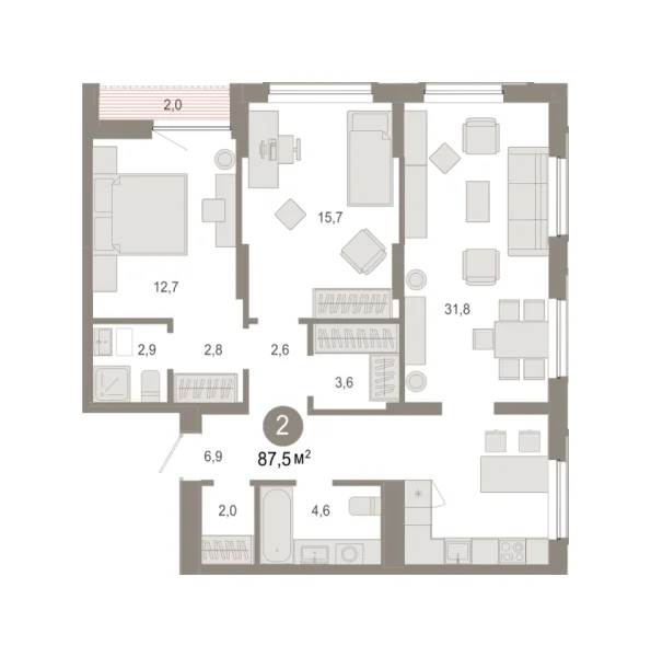 Новая 2-к квартира
 87.54 м² на 16/17 этаже в ЖК «Октябрьский на Туре» в городе Тюмень 
