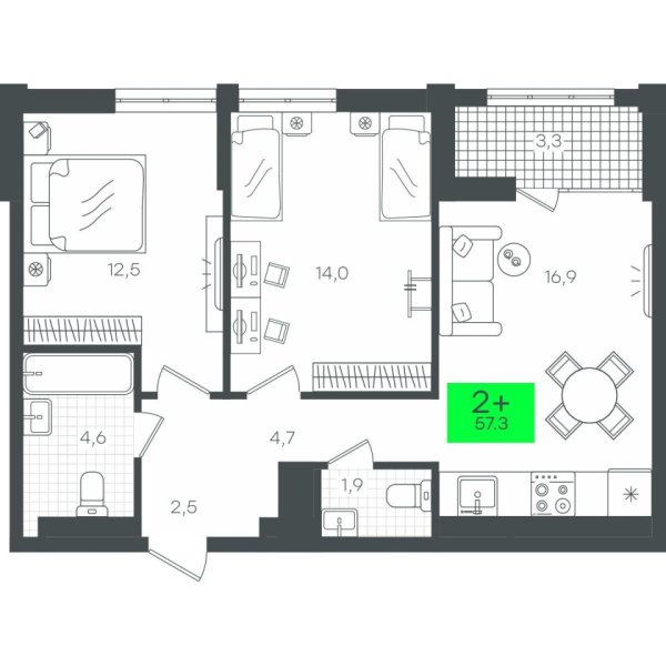 Новая 2-к квартира
 60.63 м² на 16/17 этаже в ЖК «Гранд Квартал» в городе Тюмень 