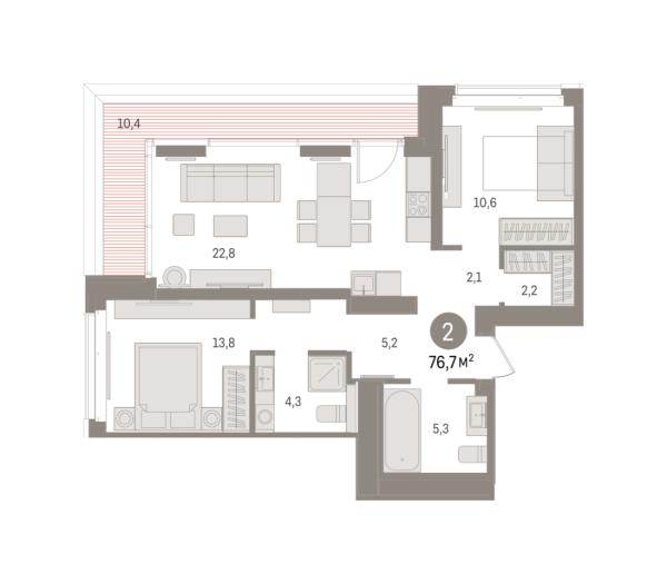Новая 2-к квартира
 76.68 м² на 8/16 этаже в ЖК «Кварталы «На Минской»» в городе Тюмень 