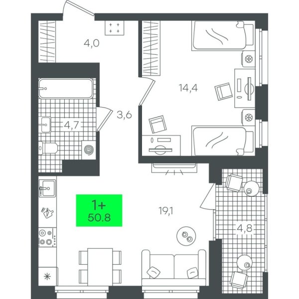 Новая 1-к квартира
 50.82 м² на 16/22 этаже в ЖК «Гранд Квартал» в городе Тюмень 