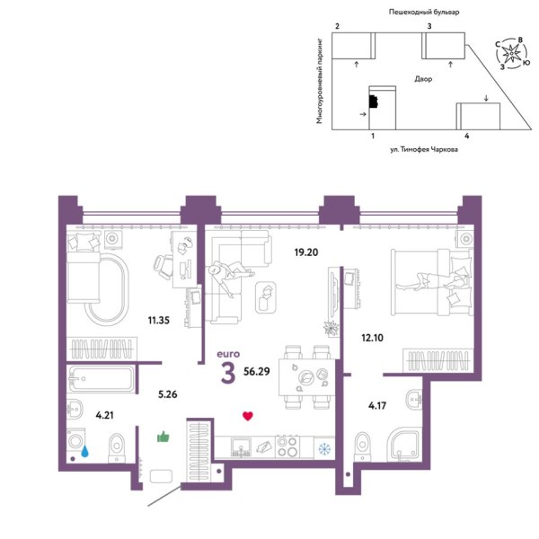 Новая 3-к квартира
 56.29 м² на 30/31 этаже в ЖК «Звёздный» в городе Тюмень 