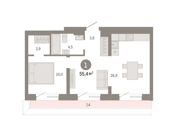 Новая 1-к квартира
 55.43 м² на 7/7 этаже в ЖК «Северный квартал» в городе Тюмень 