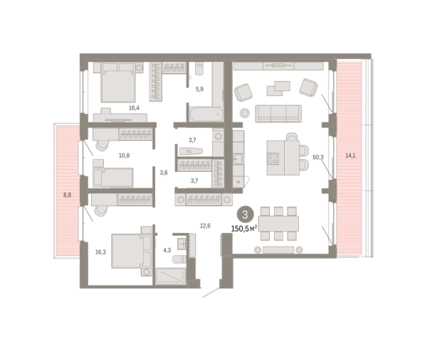 Новая 3-к квартира
 150.53 м² на 6/7 этаже в ЖК «Кварталы «На Минской»» в городе Тюмень 