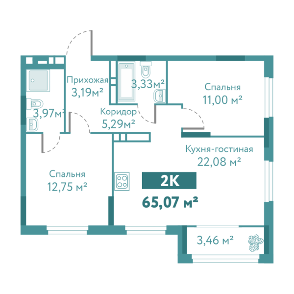 Новая 2-к квартира
 65.07 м² на 3/10 этаже в ЖК «Акватория» в городе Тюмень 