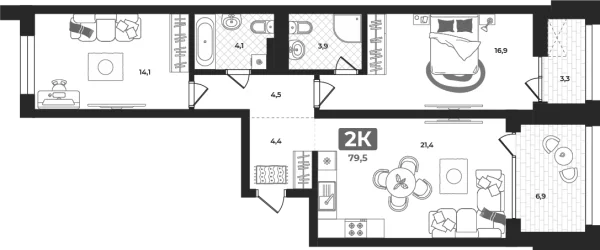 Новая 2-к квартира
 80 м² на 4/23 этаже в ЖК «Маэстро» в городе Тюмень 