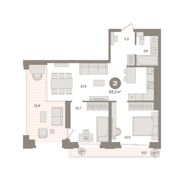 Новая 2-к квартира
 83.24 м² на 13/24 этаже в ЖК «Квартал «МОНС»» в городе Тюмень 