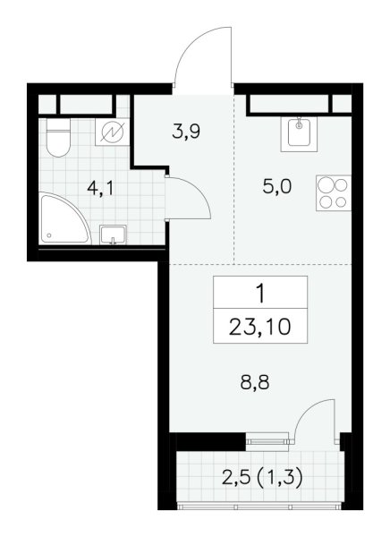 Новая 1-к квартира
 23.1 м² на 16/30 этаже в ЖК «Южные сады» в городе Тюмень 