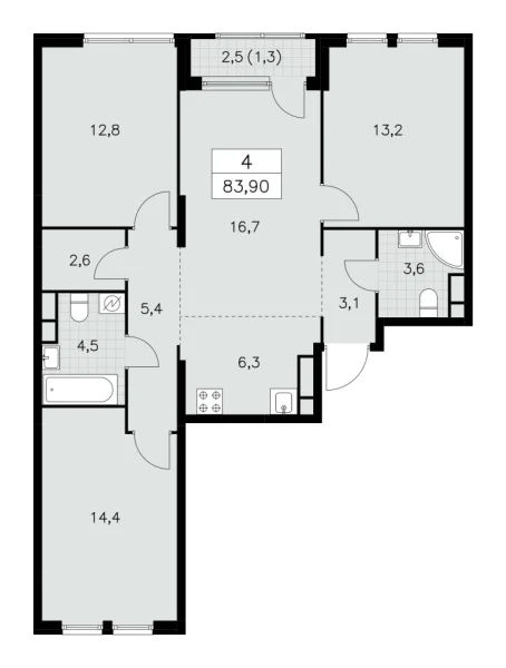 Новая 4-к квартира
 83.9 м² на 13/30 этаже в ЖК «Южные сады» в городе Тюмень 