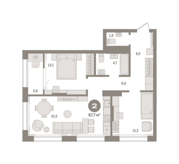 Новая 2-к квартира
 67.73 м² на 13/17 этаже в ЖК «Октябрьский на Туре» в городе Тюмень 