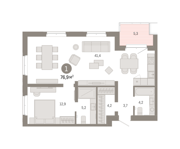 Новая 1-к квартира
 76.88 м² на 7/11 этаже в ЖК «Кварталы «На Минской»» в городе Тюмень 