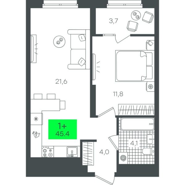 Новая 1-к квартира
 45.43 м² на 9/22 этаже в ЖК «Гранд Квартал» в городе Тюмень 