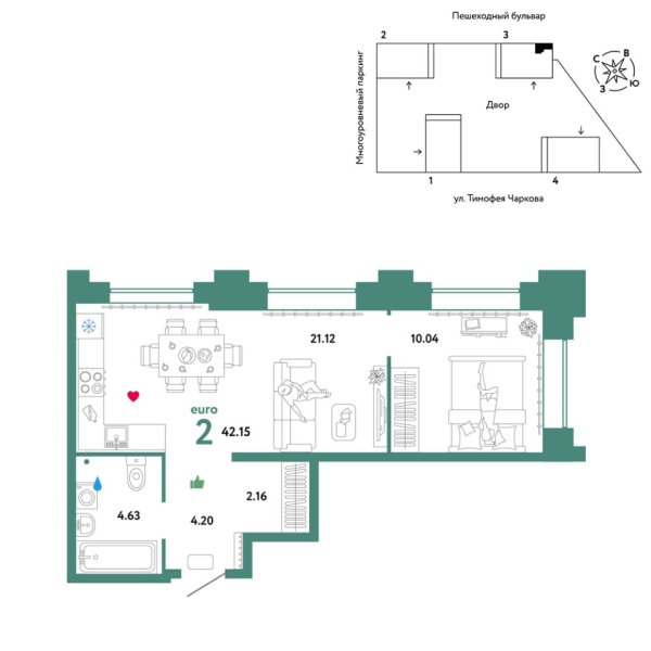 Новая 2-к квартира
 42.15 м² на 27/31 этаже в ЖК «Звёздный» в городе Тюмень 