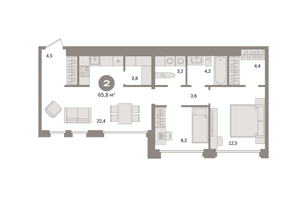 Новая 2-к квартира
 65.8 м² на 15/21 этаже в ЖК «Дом «А»» в городе Тюмень 