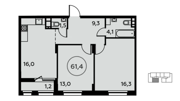 Новая 2-к квартира
 61.4 м² на 10/16 этаже в ЖК «Скандинавия» в городе Тюмень 