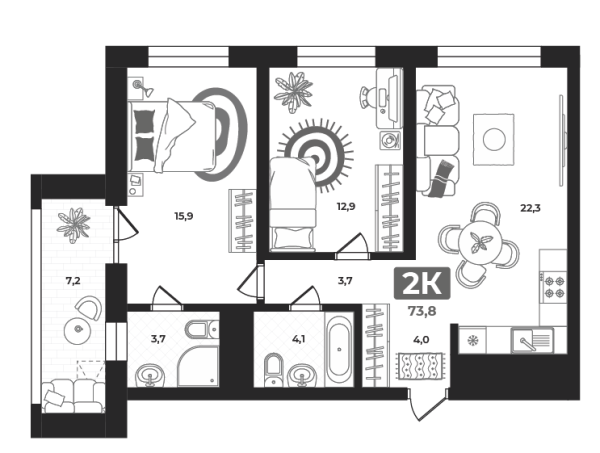 Новая 2-к квартира
 73.8 м² на 9/23 этаже в ЖК «Маэстро» в городе Тюмень 